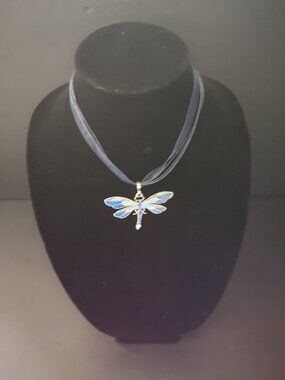 Dragonfly Blue with Silver Tone & Rhinestones Pendant Necklace Cord & Ribbon
